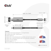 Club3D kabel USB-C na HDMI, 4K120Hz 8K60Hz HDR10 s DSC1.2, Aktivní kabel, M/M, 3m
