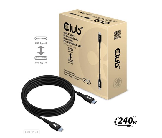 Club3D kabel USB-C, Oboustranný USB-IF Certifikovaný data kabel, Data 480Mb,PD 240W(48V/5A) EPR M/M 2m