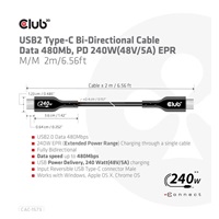 Club3D kabel USB-C, Oboustranný USB-IF Certifikovaný data kabel, Data 480Mb,PD 240W(48V/5A) EPR M/M 2m
