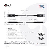 Club3D kabel USB4 Gen2x2 Typ-C, Oboustranný USB-IF Certifikovaný data kabel, Data 20Gbps, PD 240W(48V/5A) EPR M/M 2m