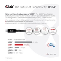 Club3D kabel USB4 Gen2x2 Typ-C, Oboustranný USB-IF Certifikovaný data kabel, Data 20Gbps, PD 240W(48V/5A) EPR M/M 2m