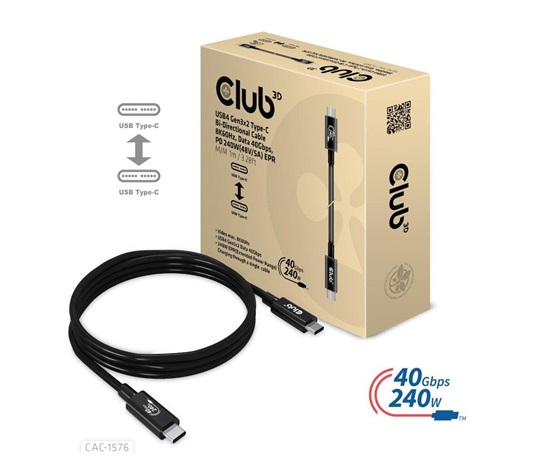 Club3D kabel USB4 Gen3x2 Typ-C, Oboustranný USB-IF Certifikovaný data kabel, Data 40Gbps, PD 240W(48V/5A) EPR M/M 1m