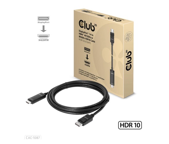 Club3D kabel DP 1.4 na HDMI, 4K120Hz nebo 8K60Hz HDR10, M/M, 3m