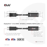 Club3D kabel DP 1.4 na HDMI, 4K120Hz nebo 8K60Hz HDR10, M/M, 3m