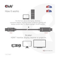 Club3D kabel DP 1.4 na HDMI, 4K120Hz nebo 8K60Hz HDR10, M/M, 3m
