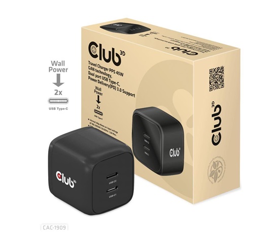 Club3D cestovní nabíječka PPS 45W GAN technologie, Dual port USB Type-C, Power Delivery(PD) 3.0 Support