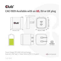 Club3D cestovní nabíječka PPS 45W GAN technologie, Dual port USB Type-C, Power Delivery(PD) 3.0 Support