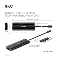 Club 3D Dokovací stanice USB-C 8v1, 1xDP, 1xHDMI, 1xUSB-C PD100W, 2xUSB, čtečka SD karet, šedá