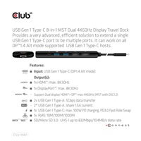Club 3D Dokovací stanice USB-C 8v1, 1xDP, 1xHDMI, 1xUSB-C PD100W, 2xUSB, čtečka SD karet, šedá