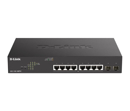 D-Link DGS-1100-10MPV2 10-Port PoE+ Gigabit Smart Managed Switch, 8x PoE gigabit, 2x SFP, PoE budget 130W