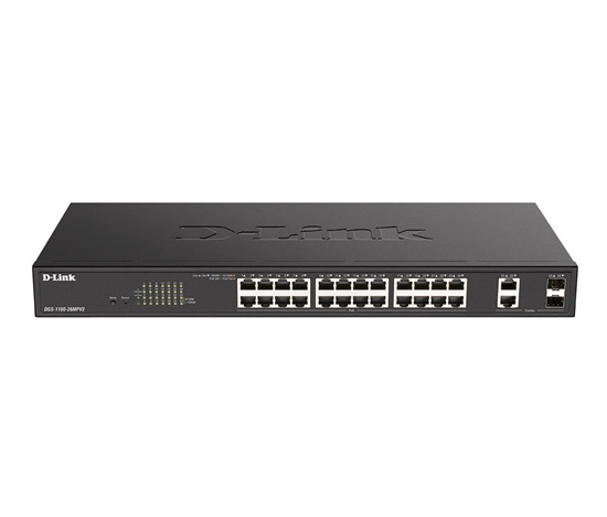 D-Link DGS-1100-26MPV2 26-Port PoE+ Gigabit Smart Managed Switch, 24x PoE gigabit, 2x RJ45/SFP, PoE budget 370W