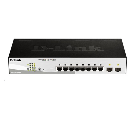 D-Link DGS-1210-08P 10-port Gigabit Smart PoE Switch, 8x GbE PoE+, 2x SFP, PoE 65W, fanless