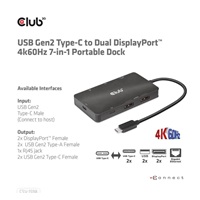 Club3D Dokovací stanice USB-C 7v1, 2xDP, 2xUSB-C, 2xUSB, 1xRJ45, černá