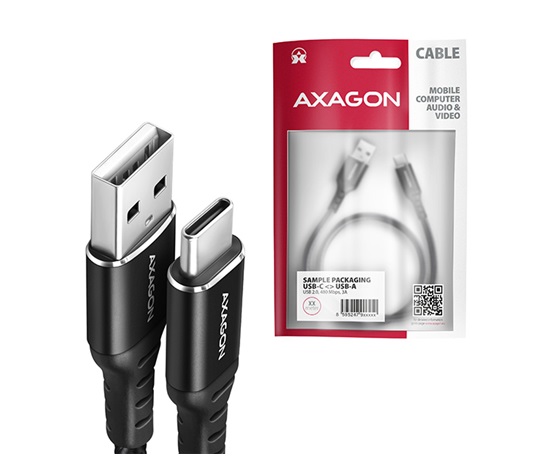 AXAGON BUCM-AM10AB, Kabel HQ USB-C <-> USB-A, 1 m, USB 2.0, 3A, ALU, oplot, czarny