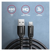 AXAGON BUCM-AM15AB, Kabel HQ USB-C <-> USB-A, 1.5 m, USB 2.0, 3A, ALU, oplot, czarny