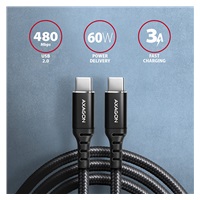 AXAGON BUCM-CM30AB, Kabel HQ USB-C <-> USB-C, 3 m, USB 2.0, PD 60W 3A, ALU, oplot, czarny
