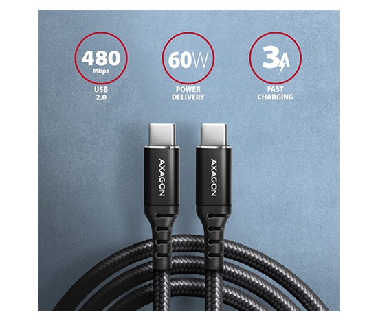 AXAGON BUCM-CM30AB, Kabel HQ USB-C <-> USB-C, 3 m, USB 2.0, PD 60W 3A, ALU, oplot, czarny