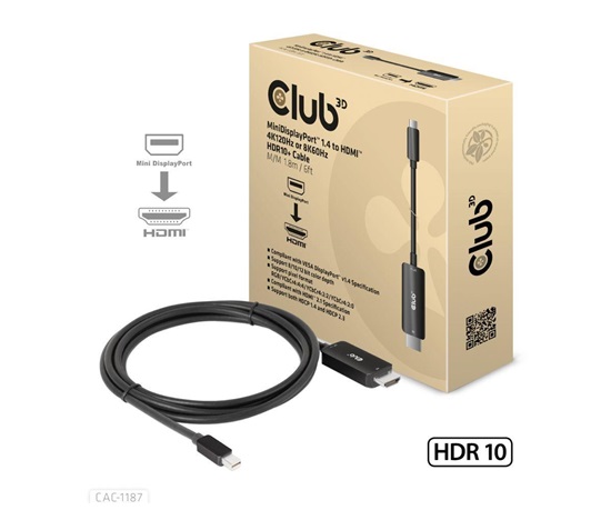 Club3D kabel miniDP 1.4 na HDMI, 4K120Hz nebo 8K60Hz HDR10+, M/M, 1.8m