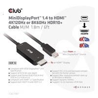 Club3D kabel miniDP 1.4 na HDMI, 4K120Hz nebo 8K60Hz HDR10+, M/M, 1.8m