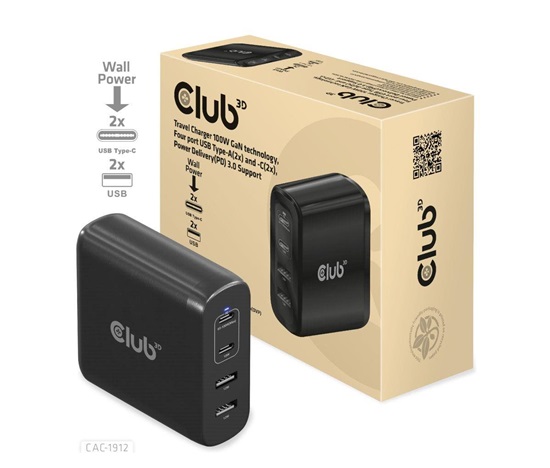 Club3D cestovní nabíječka 100W GAN technologie, 2xUSB-A a 2xUSB-C, PD 3.0 Support