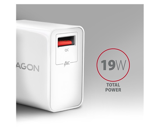 AXAGON ACU-QC19W, QC ładowarka sieciowa 19W, 1x port USB-A, QC3.0/AFC/FCP/SMART, biała