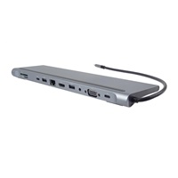 PREMIUMCORD Dokovací stanice USB-C 10v1, 1xHDMI, 1xVGA, 2xUSB-C, 3xUSB, 1xRJ45, čtečka SD karet, šedá