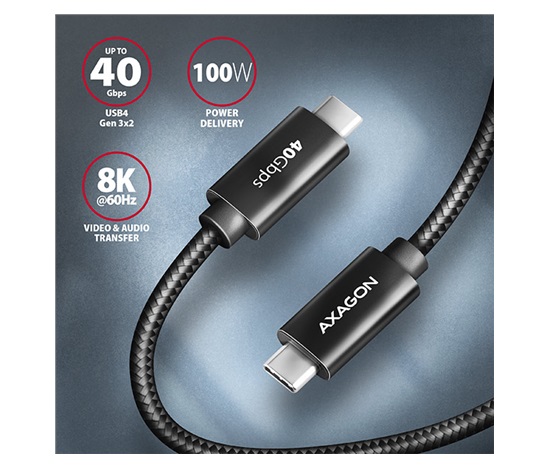 AXAGON BUCM432-CM10AB, NewGEN+ kabel USB-C <-> USB-C, 1m, USB4 Gen 3×2, PD 100W 5A, 8K HD, ALU, oplot, czarny