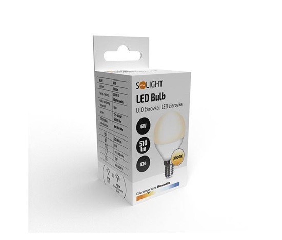 Solight LED žárovka, miniglobe, 6W, E14, 3000K, 510lm, bílé provedení