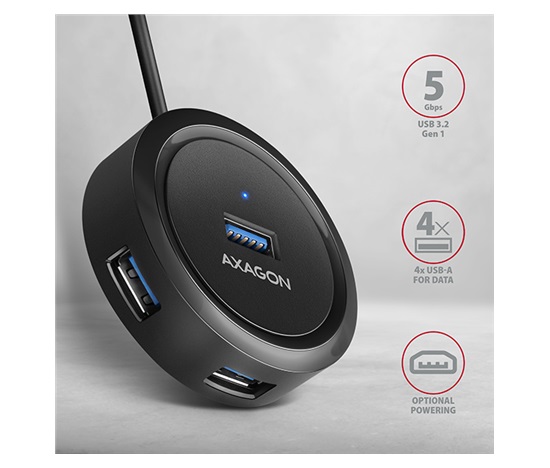 AXAGON HUE-P1AL, 4x USB 3.2 Gen 1 ROUND hub, złącze zasilania micro USB, kabel USB-A 1.2m