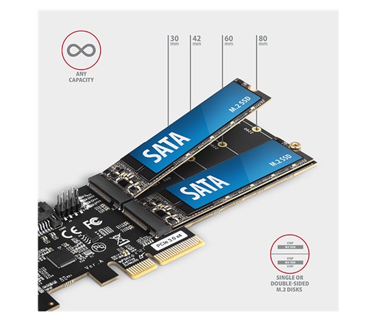 AXAGON PCES-SA4M2, PCIe kontroler - 2x wewnętrzny port SATA 6G + 2x slot SATA M.2, ASM1164, SP & LP