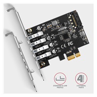 AXAGON PCEU-43RS, PCIe kontroler, 4x USB 3.2 Gen 1 port, 5 Gbps, zasilanie PCIe lub SATA, SP & LP