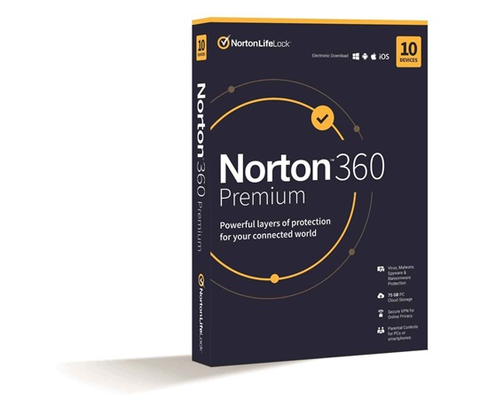 NORTON 360 PREMIUM 75GB +VPN 1 uživatel pro 10 zařízení na 3 roky ESD