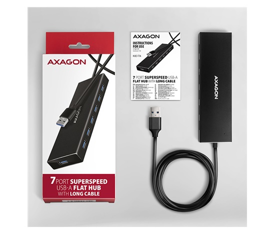 AXAGON HUE-F7A, 7x USB 3.2 Gen 1 ALU FLAT CHARGING hub, złącze zasilania micro USB, kabel USB-A 1m