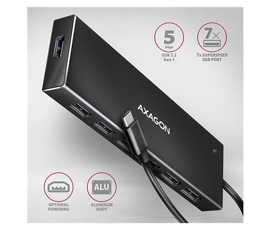 AXAGON HUE-F7C, 7x USB 3.2 Gen 1 ALU FLAT CHARGING hub, złącze zasilania micro USB, kabel USB-C 30cm