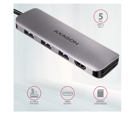 AXAGON HMC-HCR3A, USB 3.2 Gen 1 hub, porty 3x USB-A, HDMI 4k/30Hz, SD/microSD, kabel USB-C 20cm