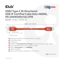Club3D kabel USB-C, Oboustranný USB-IF Certifikovaný data kabel, PD 240W(48V/5A) EPR M/M 4m