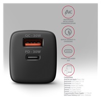 AXAGON ACU-PQ30, Sil ładowarka sieciowa 30W, 2x port (USB-A + USB-C), PD3.0/PPS/QC4+/SFC/AFC/Apple, czarna