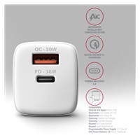AXAGON ACU-PQ30W, Sil ładowarka sieciowa 30W, 2x port (USB-A + USB-C), PD3.0/PPS/QC4+/SFC/AFC/Apple, biała