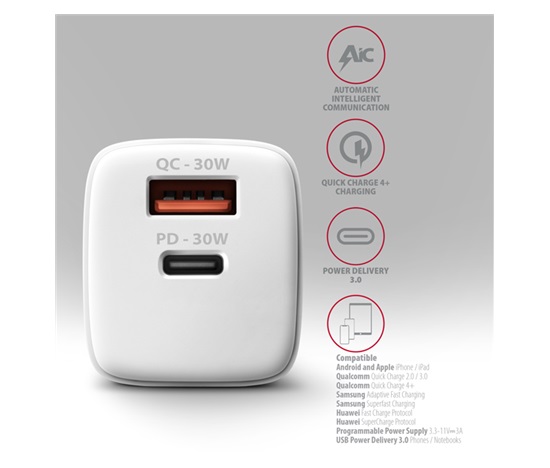 AXAGON ACU-PQ30W, Sil ładowarka sieciowa 30W, 2x port (USB-A + USB-C), PD3.0/PPS/QC4+/SFC/AFC/Apple, biała