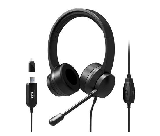 PORT stereo headset s mikrofonem, USB-A/USB-C, černá