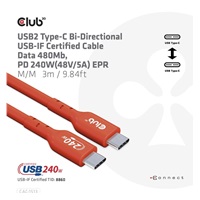 Club3D Kabel USB2 Type-C Bi-Directional USB-IF Certifikovaný 480Mb, PD 240W(48V/5A) EPR M/M 3m