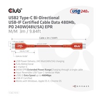 Club3D Kabel USB2 Type-C Bi-Directional USB-IF Certifikovaný 480Mb, PD 240W(48V/5A) EPR M/M 3m