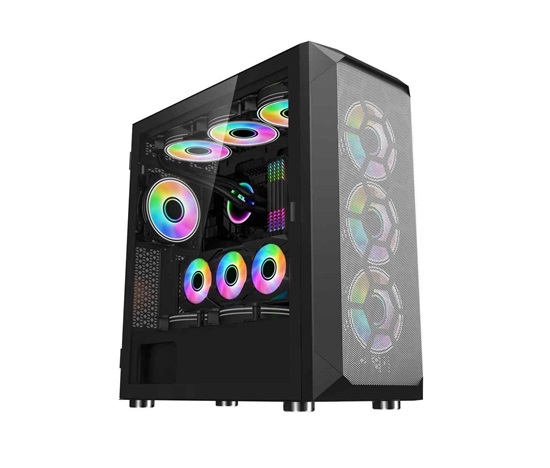 1stCOOL skříň Wind Storm Black MiddleTower ARGB, AU, USB3.0, bez zdroje, RGB fan, průhledná bočnice, černá