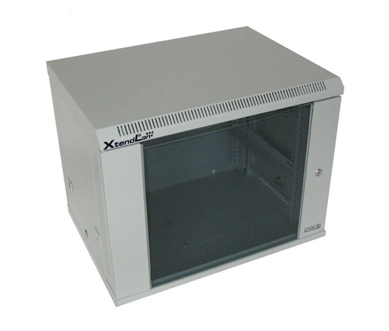 XtendLan 19" nástěnný rozvaděč 9U 600x450, nosnost 60 kg, skleněné kouřové dveře, svařovaný, šedý