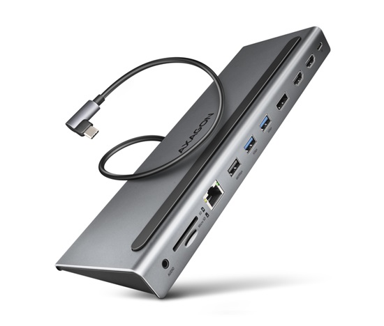 AXAGON HMC-4KX3 USB 5Gbps hub, 3x USB-A, 2x HDMI, DP, RJ-45 GLAN, SD/microSD, audio, PD 100W, kabel USB-C 40cm