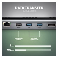 AXAGON HMC-4KX3 USB 5Gbps hub, 3x USB-A, 2x HDMI, DP, RJ-45 GLAN, SD/microSD, audio, PD 100W, kabel USB-C 40cm
