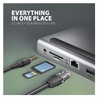 AXAGON HMC-4KX3 USB 5Gbps hub, 3x USB-A, 2x HDMI, DP, RJ-45 GLAN, SD/microSD, audio, PD 100W, kabel USB-C 40cm