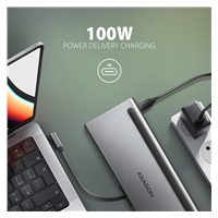 AXAGON HMC-4KX3 USB 5Gbps hub, 3x USB-A, 2x HDMI, DP, RJ-45 GLAN, SD/microSD, audio, PD 100W, kabel USB-C 40cm