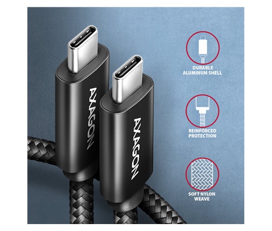 AXAGON BUCM2-CM20AB, CHARGE kabel USB-C <-> USB-C, 2m, Hi-Speed USB, PD 240W 5A, ALU, oplot, czarny
