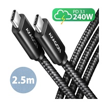 AXAGON BUCM2-CM25AB, CHARGE kabel USB-C <-> USB-C, 2.5m, Hi-Speed USB, PD 240W 5A, ALU, oplot, czarny